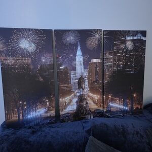 City Nightfire Triptych Wall Art - Blue and Black Canvas Set